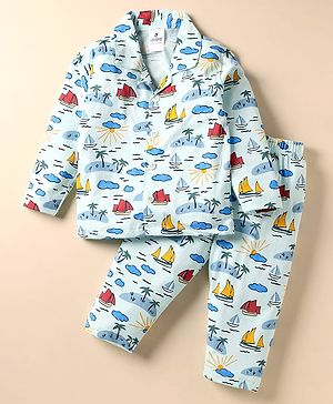 Ollypop Sinker Knit Full Sleeves Co-Ord Night Suit With Boat Print - Sea Green