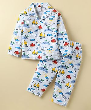 Ollypop Sinker Knit Full Sleeves Co-Ord Night Suit With Boat Print - Light Blue