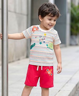 Babyhug Single Jersey Knit Half Sleeves Striped T-Shirt & Shorts Set with Animal Print - Red