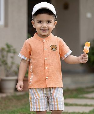 Babyhug 100% Cotton Woven Half Sleeves Mandarin Collar Bear Printed Shirt & Shorts Set With Checks - Peach