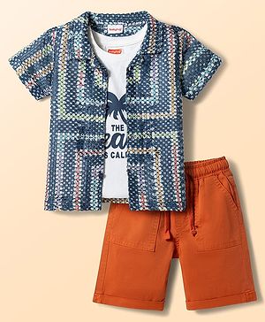 Babyhug Woven Half Sleeves Printed Shirt & Shorts With Inner Tee - Multicolor