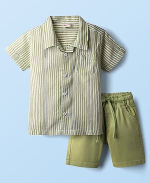 Babyhug Cotton Woven Half Sleeves Striped Shirt & Shorts Set - Green