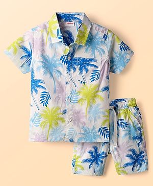 Babyhug Twill Woven Half Sleeves Shirt & Shorts Co-Ord Set With Tropical Print - White
