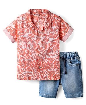 Babyhug Poplin Woven Half Sleeves Shirt & Denim Shorts Set With Leaf Print - Orange & Blue