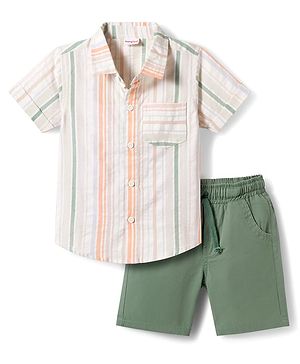 Babyhug Cotton Woven Half Sleeves Striped Shirt & Shorts Set - Green