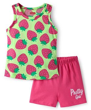 Babyhug 100% Cotton Knit Sleeveless Sando  & Shorts Set With Strawberry Print - Light Green & Pink
