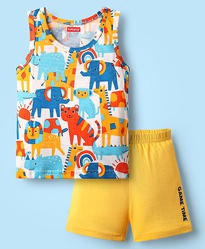 Babyhug 100% Cotton Single Jersey Knit Sleeveless Sando & Short Set With Animal Print - Yellow