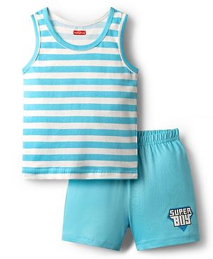 Babyhug 100% Cotton Single Jersey Knit Sleeveless Sando & Shorts Set With Stripes - Light Blue