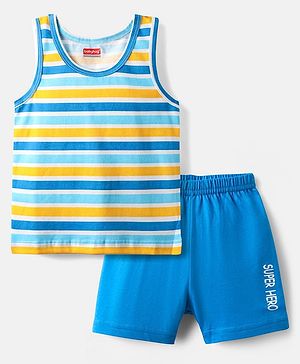 Babyhug 100% Cotton Single Jersey Knit Sando & Shorts Set With Stripes - Blue