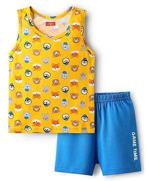 Babyhug 100% Cotton Knit Sleeveless Sando & Shorts Set with Animal Print- Yellow & Blue