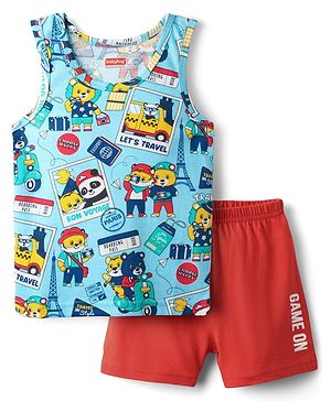 Babyhug 100% Cotton Single Jersey Knit Sleeveless Sando & Shorts Set With Animal Print - Light Blue & Red
