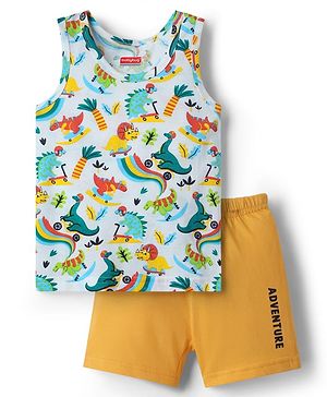Babyhug 100% Cotton Sleeveless Vest With Dino Print & Shorts With Text Print -Multicolour