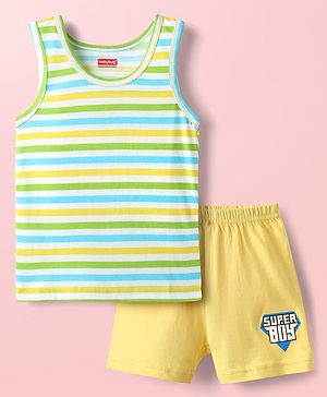 Babyhug 100% Cotton Knit Sleeveless Striped Sando & Shorts Set With Super Boy Print - Yellow