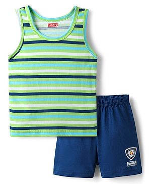 Babyhug 100% Cotton Sleeveless Sando & Shorts Set With Stripes - Green & Navy Blue