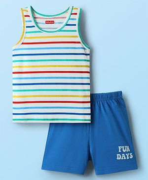 Babyhug 100% cotton Sleeveless Vests With Stripes & Text Printed Shorts - Multicolour