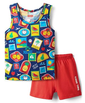 Babyhug 100% Cotton Single Jersey Knit Sando & Shorts Set With Tropical Theme Print - Navy Blue & Red