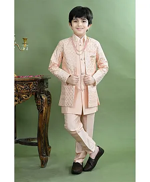 BT DEZINES Silk Blend Woven Solid Sherwani & Pant With Full Sleeves Sequins Embelished Jacket & Necklace Set - Peach