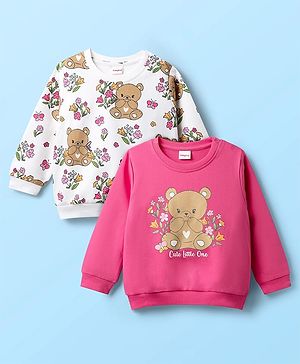 Babyhug Cotton Knit Full Sleeves Sweatshirts with Floral & Bear Print Pack of 2 - White & Pink