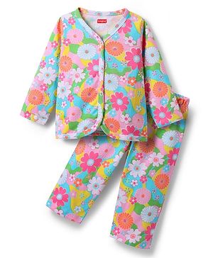 Babyhug Single Jersey Knit Full Sleeves Co-ords Top & Lounge Pant Set with Floral Print - Light Blue