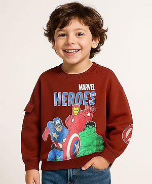 Babyhug Marvel Terry Knit Drop Shoulder Full Sleeves Sweatshirt With Avengers Graphic & Pocket detailing - Brown