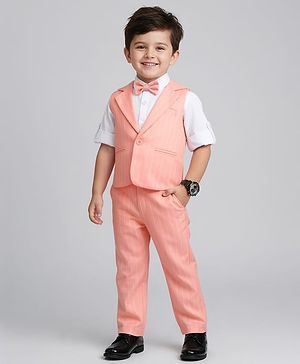 Babyhug Woven Full Sleeves Striped Three Piece Party Suit with Bow - Peach