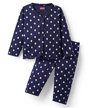 Babyhug Single Jersey Knit Full Sleeves Co-ords  Top & Lounge Pant  Set with Polka Dot Print - Navy Blue