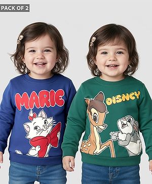 Babyhug Disney Terry Knit Drop Shoulder Full Sleeves Sweatshirts with Bambie & Marie Graphics Pack of 2  - Green & Blue