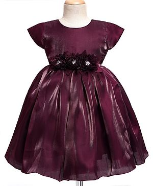 Babyhug Woven Cap Sleeves Party Dress With Floral Corsage  Detailing - Wine