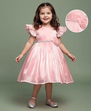 Babyhug Woven Cap Frill Sleeves Fit & Flare Party Dress with Corsage Applique - Pink