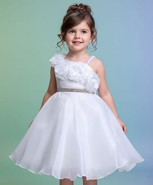 Babyhug Glass Nylon 5 Layers Sleeveless Party Dress With Floral Corsage & Embellished Waist Belt Detailing & Cotton Lining - White