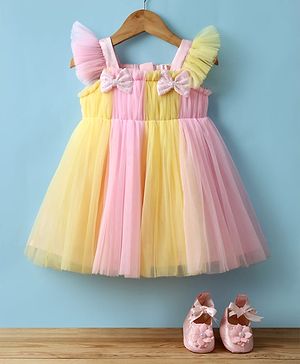 Babyhug Woven Frill Sleeves Mesh Party Dress with Booties Bow Applique & Sequin Detailing - Yellow