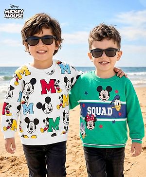 Babyhug Disney Terry Knit Drop Shoulder Full Sleeves Sweatshirts with Mickey and Friends Graphic Pack of 2 - Green & White