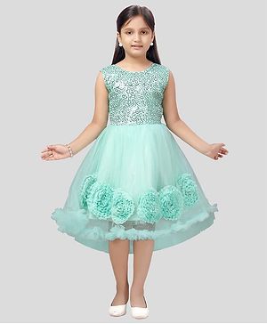 Aarika Net Woven Sleeveless Sequins Embellished Floral Applique Detailed Dress - Turquoise