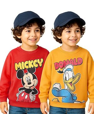 Babyhug Disney Terry Knit Full Drop Shoulder Sleeves Sweatshirts with Mickey & Donald Duck Graphics Pack of 2 - Red & Orange
