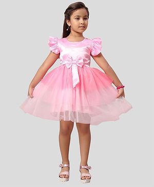 Aarika Woven Frill Sleeves Bow Applique Detailed & Colour Blocked Layered Dress - Pink