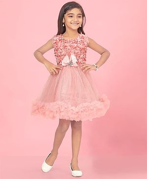 Aarika Net Woven Sleeveless Ruffle & Bow Applique Detailed Dress - Peach