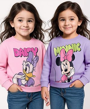Babyhug Disney Terry Full Sleeves Drop Shoulder Sweatshirts with Minnie and Daisy Duck Graphic Pack of 2 - Pink & Purple