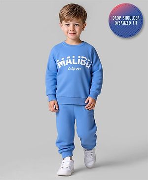 Bonfino 100% Cotton Fleece Knit Full Raglan Sleeves Sweatshirt & Joggers Set With Malibu Print - Blue