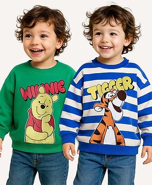 Babyhug Disney Terry Knit Full Drop Shoulder Sleeves Sweatshirts With Winnie & Friends Graphics Pack of 2 - Green & Blue