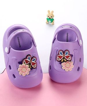 Cute Walk by Babyhug Clogs with Floral & Butterfly Applique & Back Strap - Purple