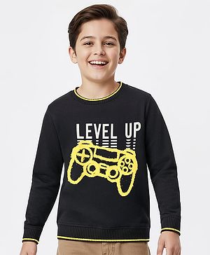 Pine Kids Knit Full Sleeves Sweatshirt With Gaming Print - Black