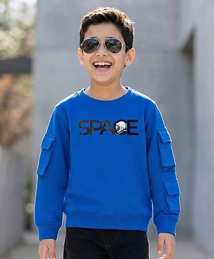 Pine Kids Knit Full Sleeves Sweatshirt With Space Print - Navy Blue