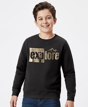 Pine Kids Knit Full Sleeves Sweatshirt With Foil Explore Print - Black
