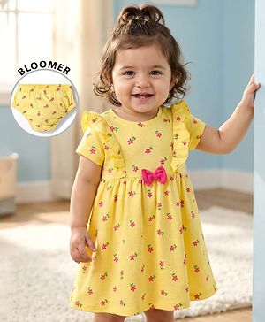 Babyhug Single Jersey Knit Half Sleeves Floral Printed Frock with Bloomer & Bow Applique - Yellow