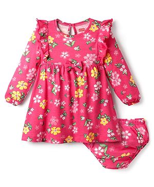 Babyhug Single Jersey Knit Full Sleeves Frock with Bloomer & Floral Print