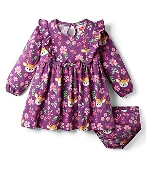 Babyhug Single Jersey Knit Full Sleeves Floral Animal Printed Frock With Bloomer - Purple