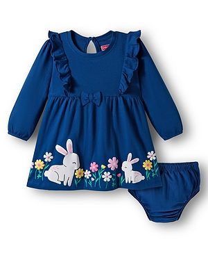Babyhug Single Jersey Knit Full Sleeves Floral Printed Frock With Bloomer & Frill Detailing - Navy Blue