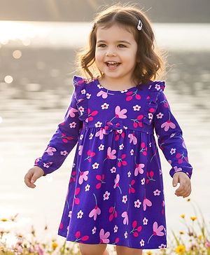 Babyhug Single Jersey Knit Full Sleeves Frock With Bloomer & Floral Print - Purple