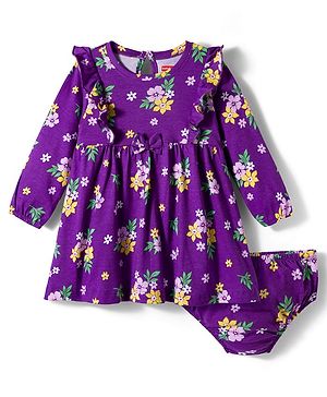 Babyhug Single Jersey Knit Full Sleeves Frock with Bloomer with Floral Print Frill Detailing & Bow Applique - Purple