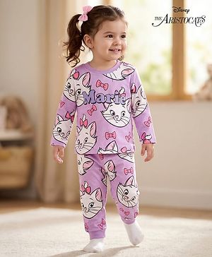 Babyhug Disney Single Jersey Knit Full Sleeves Co-ords Night Suit With Marie Print - Lavender